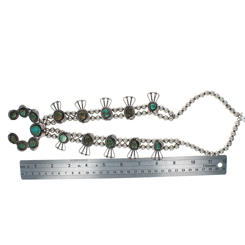 Navajo Johnnie Frank Sterling Silver & Turquoise Squash Blossom Necklace