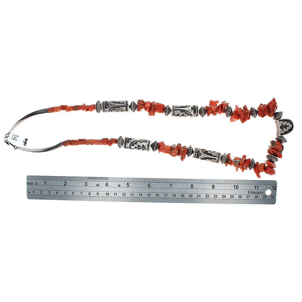 Navajo Sterling Silver Bead & Coral Necklace