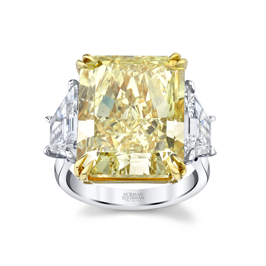 18.88 Carat Radiant Fancy Intense Yellow Diamond 3-stone Ring