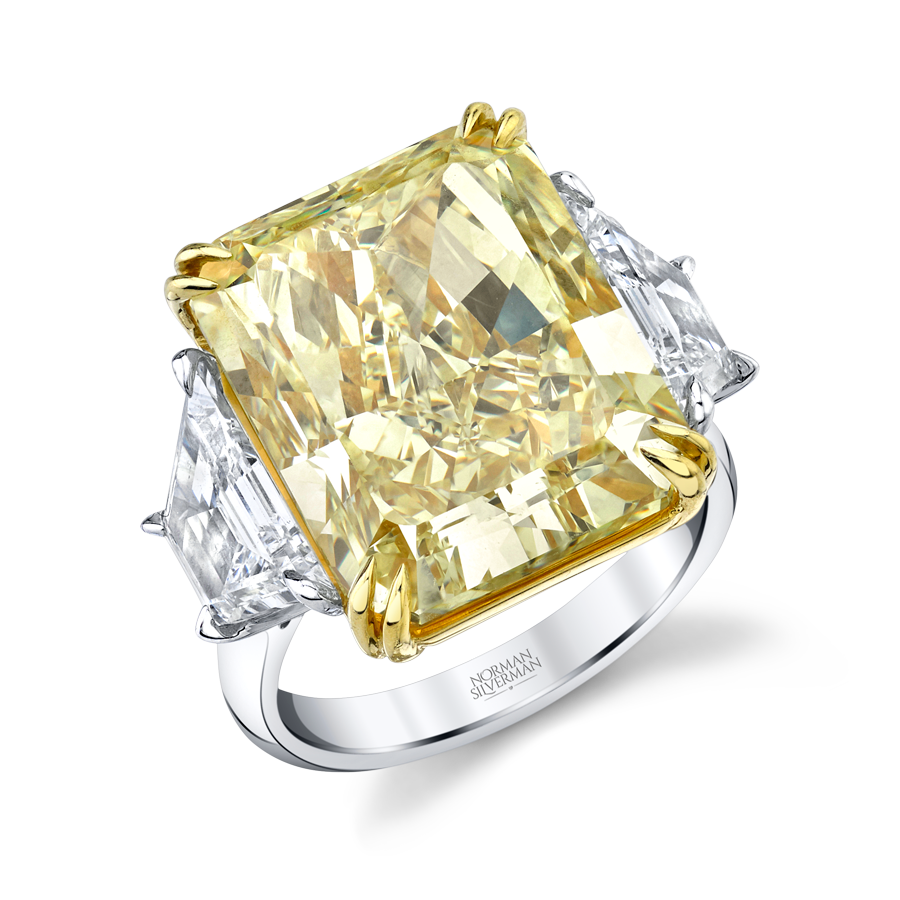 18.88 Carat Radiant Fancy Intense Yellow Diamond 3-stone Ring