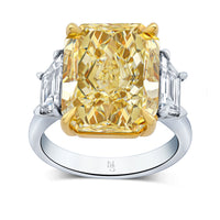 10.70 Carat Fancy Yellow Radiant Three Stone Diamond Ring