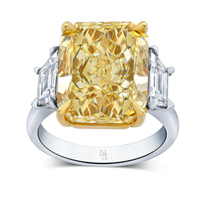 10.70 Carat Fancy Yellow Radiant Three Stone Diamond Ring
