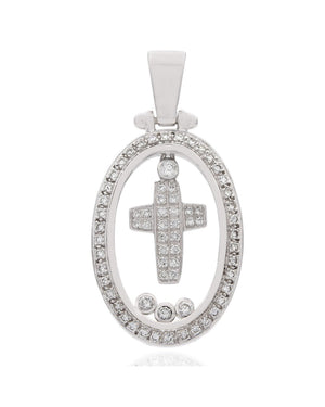 Oval Shaped Diamond Pendant with Center Cross Diamond Pendant in 18k White Gold