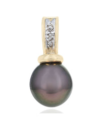 Black Pearl and Diamond Accent Enhancer Pendant in White and Yellow Gold
