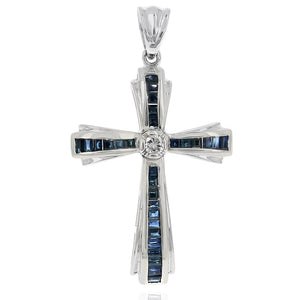Blue Sapphire and Diamond Cross Pendant