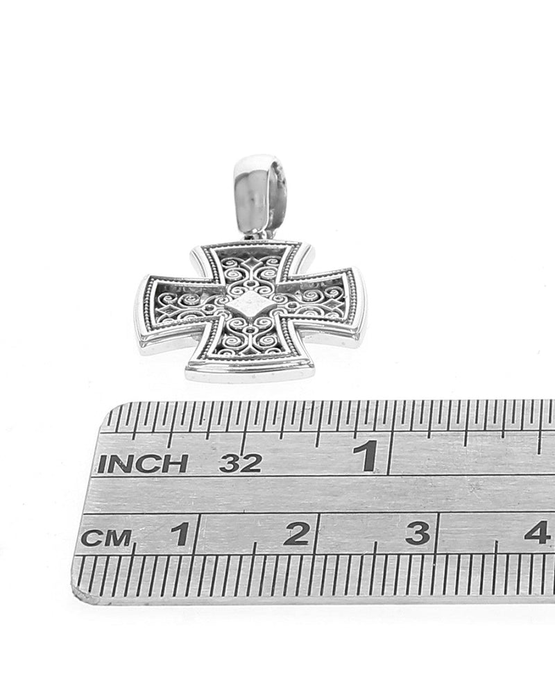 Open Scroll Milgrain Accent Byzantine Cross in White Gold