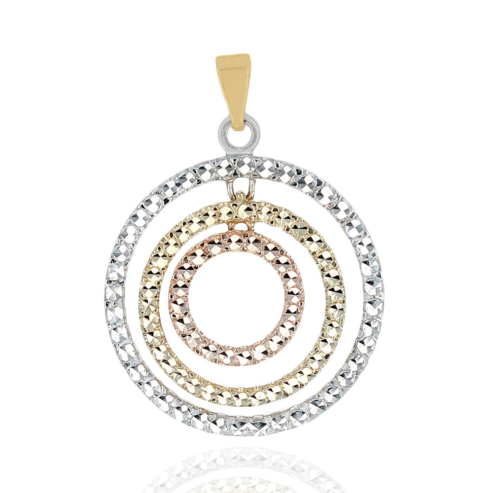Etched Triple Circle Drop Pendant in White, Rose, and Yellow Gold