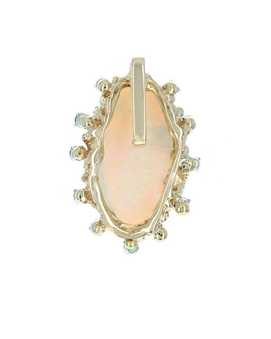 Ethiopian Opal and Emerald Halo Pendant in White and Yellow Gold