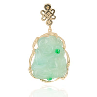 Carved Green Jadeite Laughing Buddha Enhancer Pendant in Yellow Gold