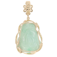 Carved Green Jadeite Laughing Buddha Enhancer Pendant in Yellow Gold