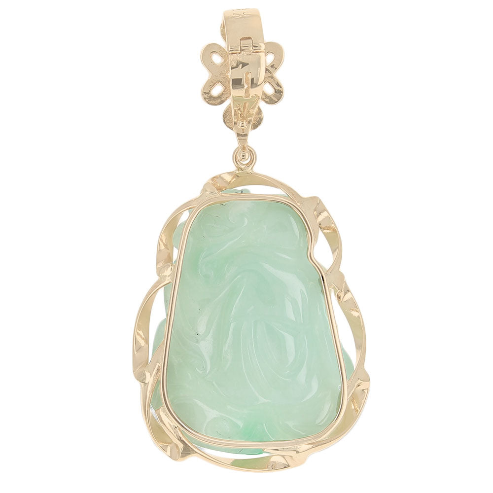 Carved Green Jadeite Laughing Buddha Enhancer Pendant in Yellow Gold