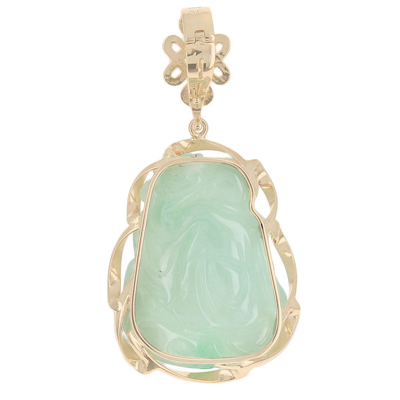 Carved Green Jadeite Laughing Buddha Enhancer Pendant in Yellow Gold