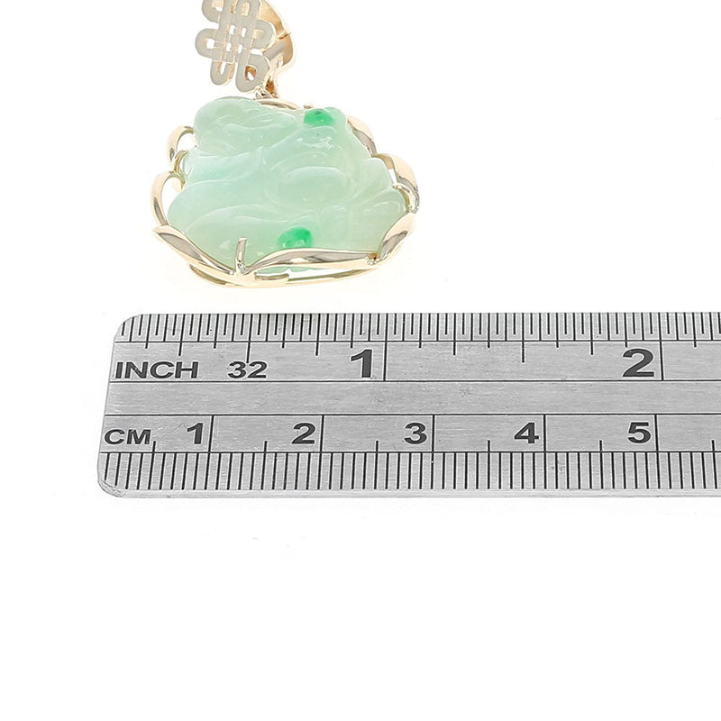 Carved Green Jadeite Laughing Buddha Enhancer Pendant in Yellow Gold