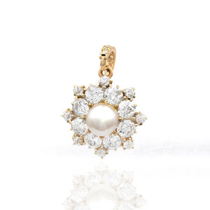 6.4mm Pearl & Diamond Halo Drop Pendant in Yellow Gold
