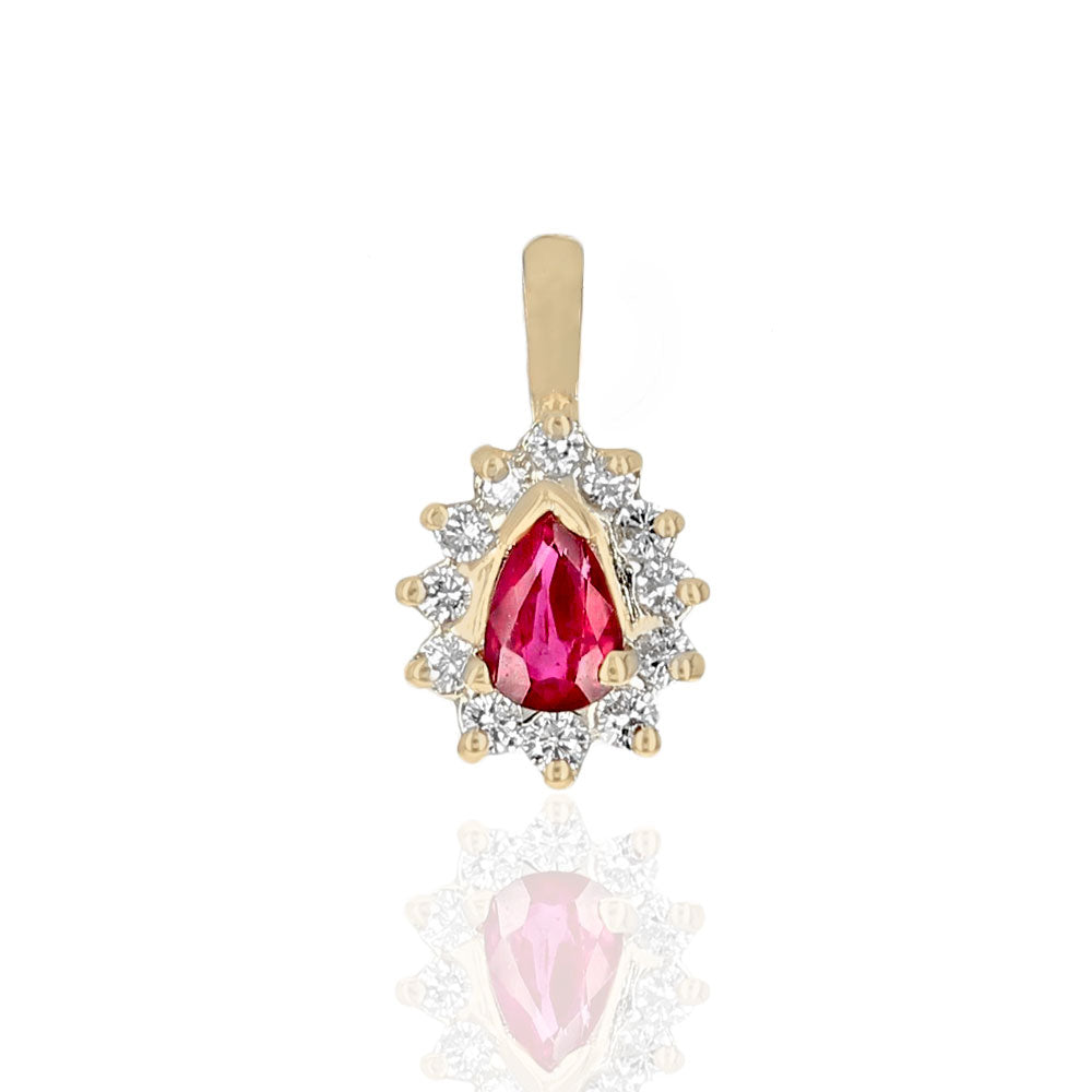 Ruby and Diamond Halo Drop Pendant in Yellow Gold