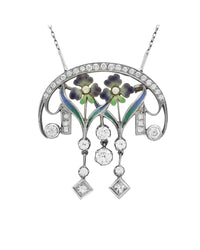 Nouveau 1910 Arctic Diamond and Enamel Brooch Pendant in Gold