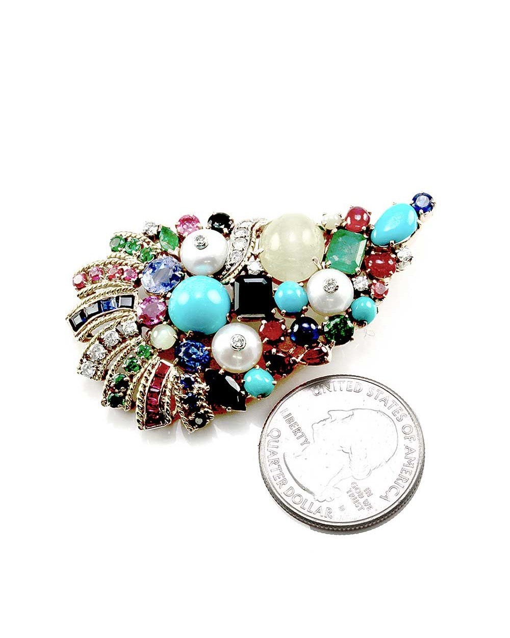 Diamond & Multi-Gem Paisley Cornucopia Brooch in 14K Yellow Gold
