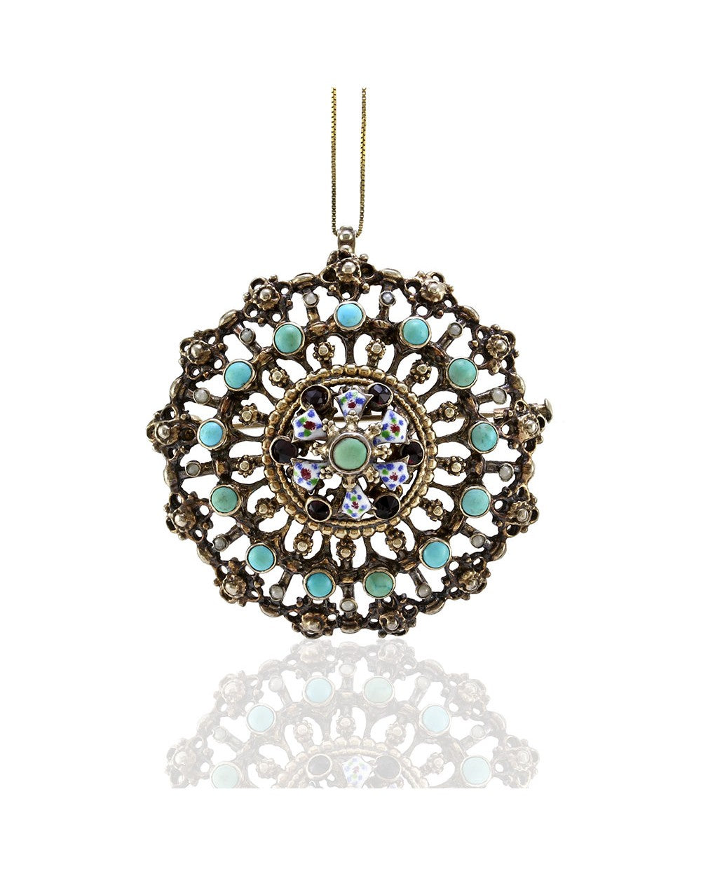 Garnet, Turquoise, and Pearl Edwardian Pin