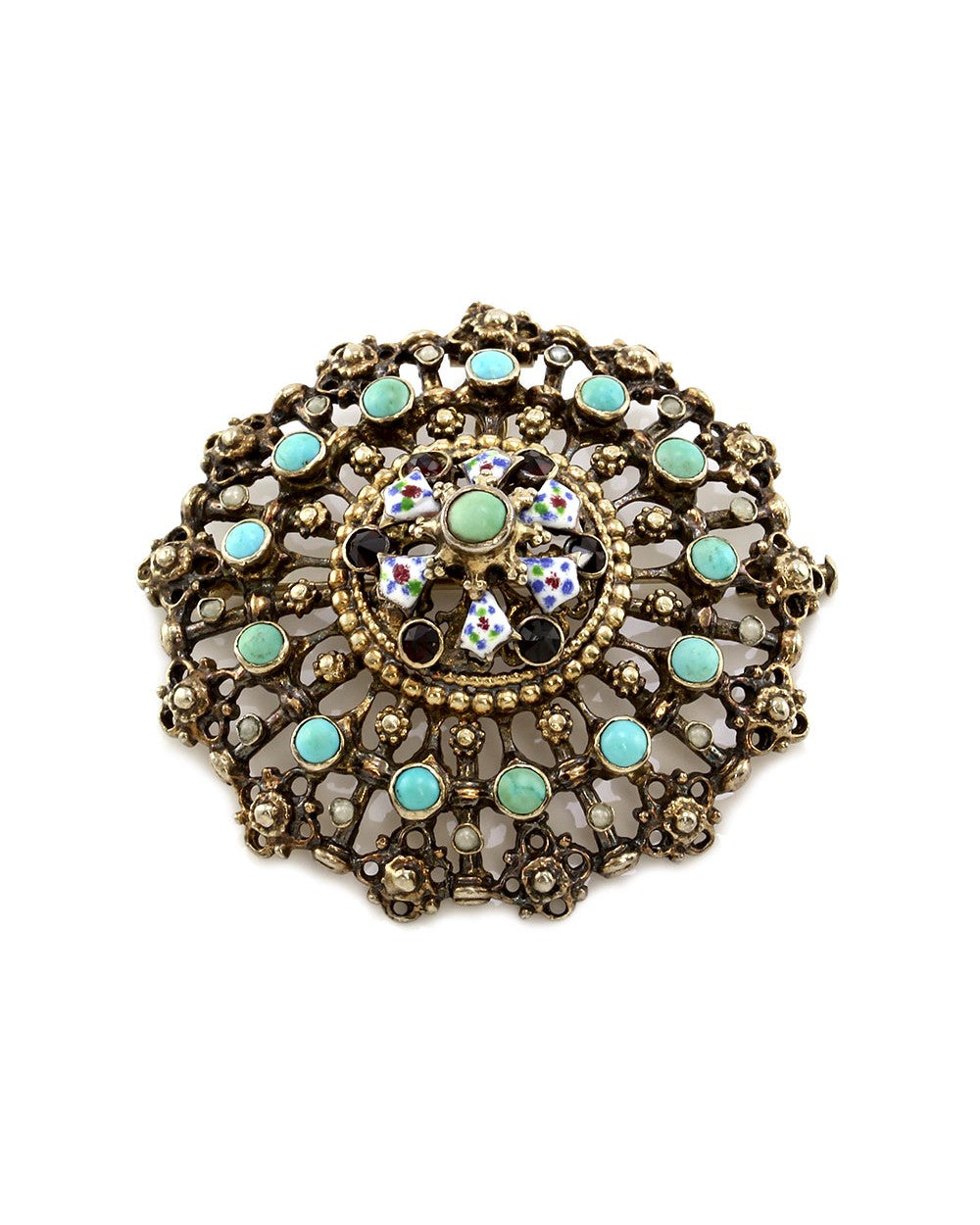 Garnet, Turquoise, and Pearl Edwardian Pin