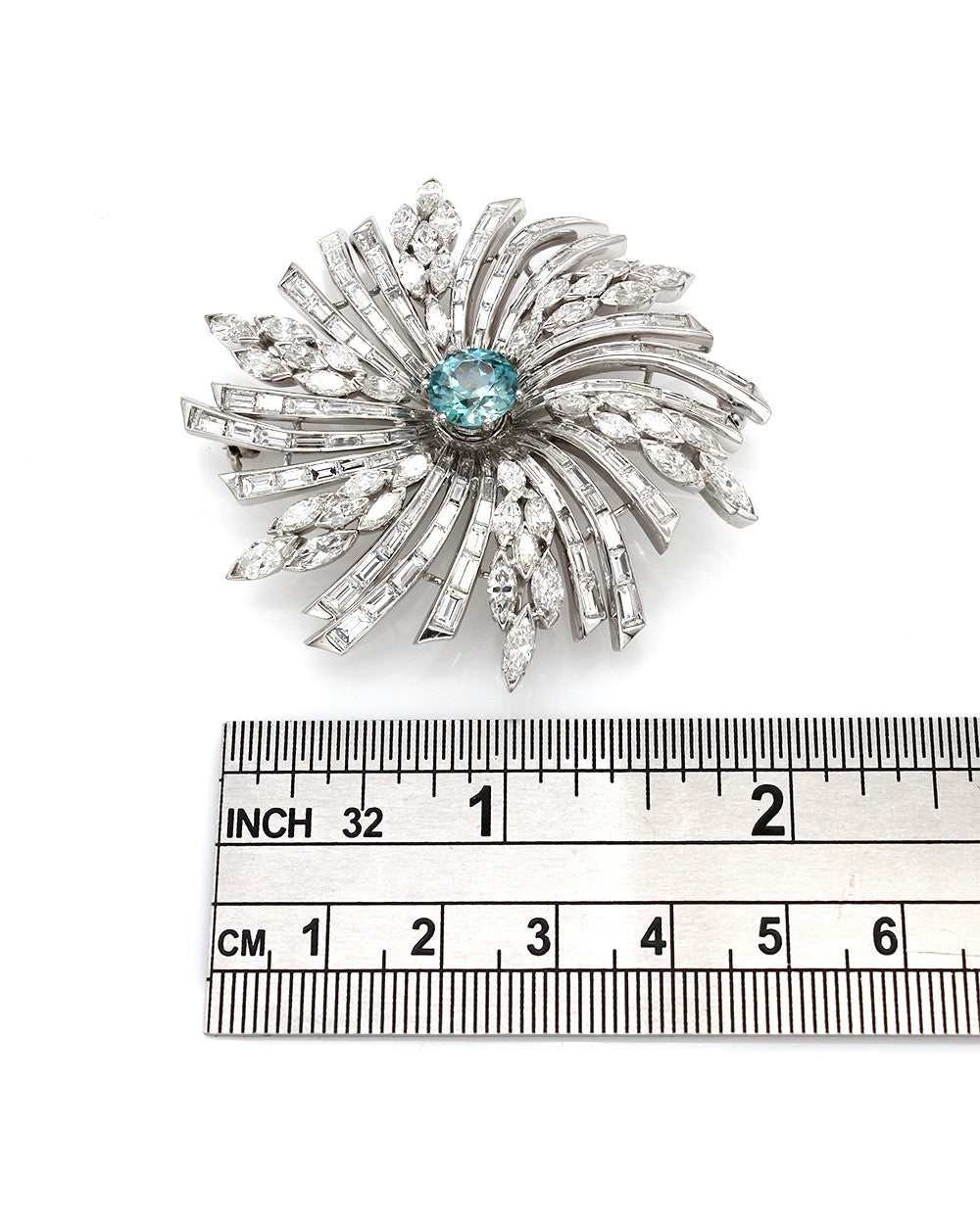 Diamond and Blue Zircon Brooch Pin in Platinum
