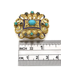 Turquoise, Sapphire and Blue Enamel Brooch Pin