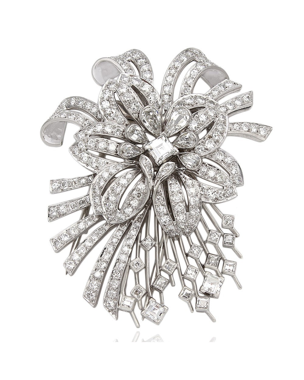 Platinum Flower and Fireworks Diamond Brooch Pin