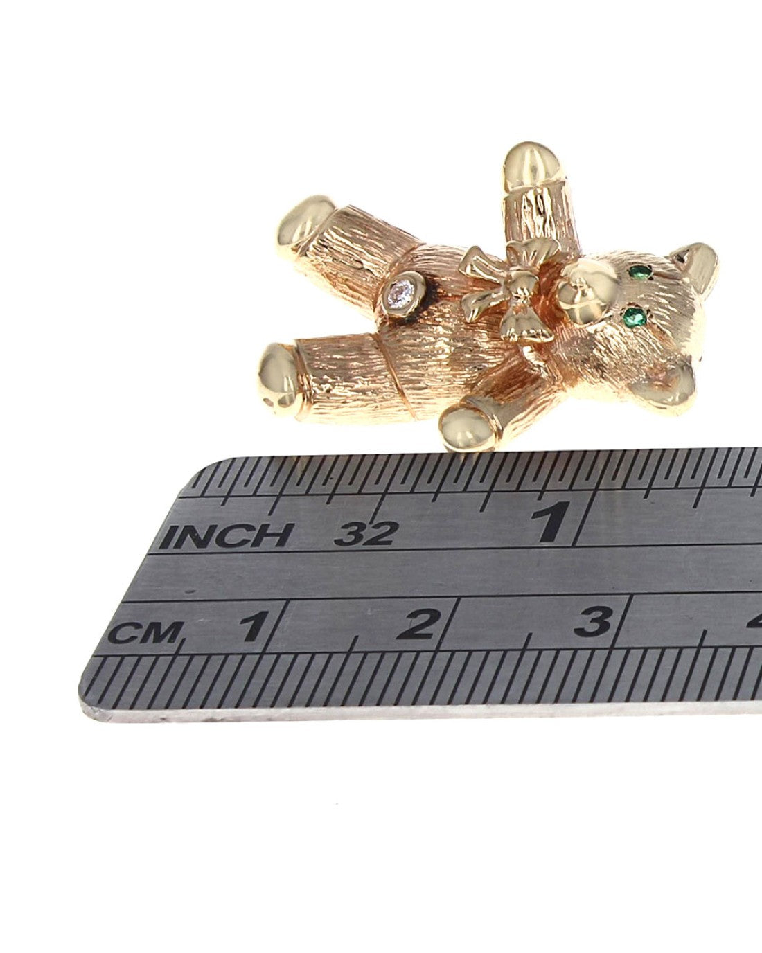 Teddy Bear Pin with Emerald Eyes and Diamond Belly Button