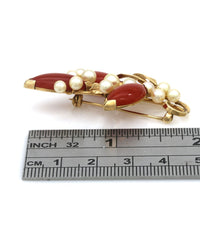 Red Coral and Pearl Floral Brooch Pin