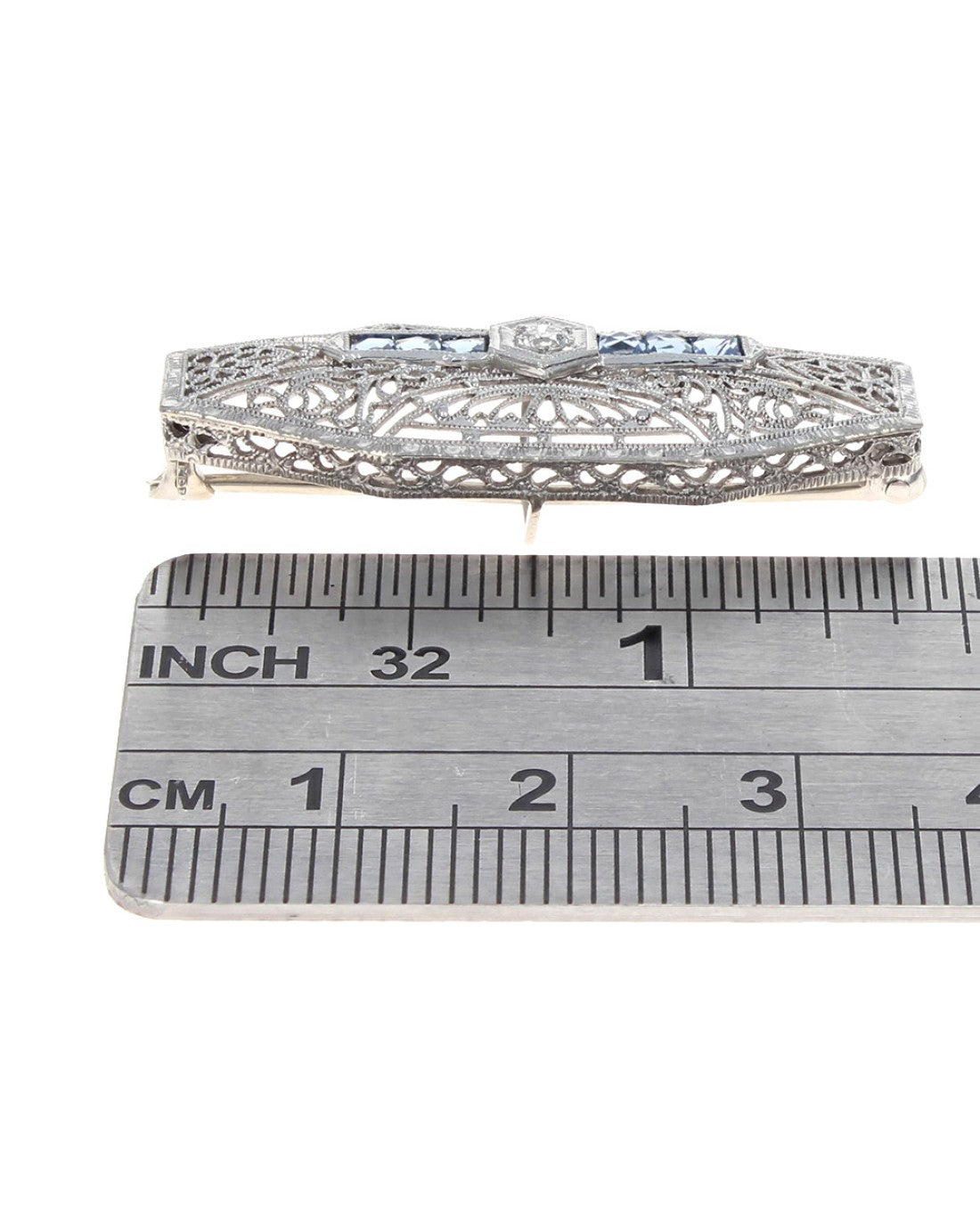 Vintage European Diamond and Sapphire Filigree Pin