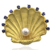 Pearl and Sapphire Clam Shell Brooch in Yellow Gold