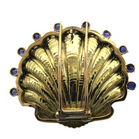 Pearl and Sapphire Clam Shell Brooch in Yellow Gold