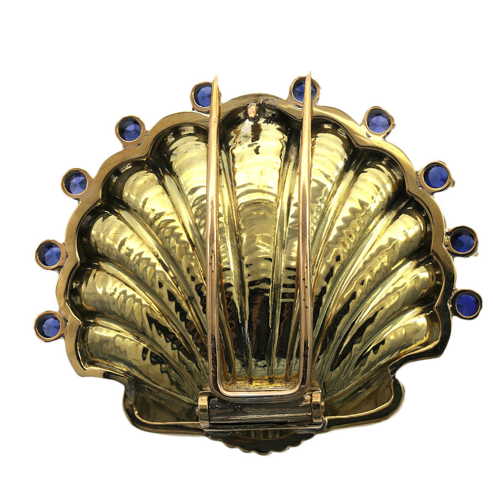 Pearl and Sapphire Clam Shell Brooch in Yellow Gold