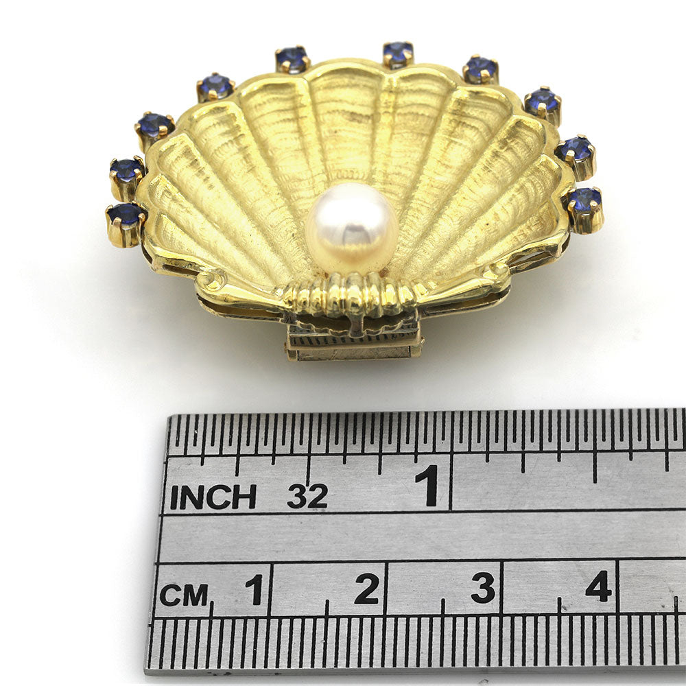 Pearl and Sapphire Clam Shell Brooch in Yellow Gold