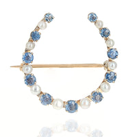 Alternating Blue Sapphire and Pearl Horseshoe Pin in Yellow Gold