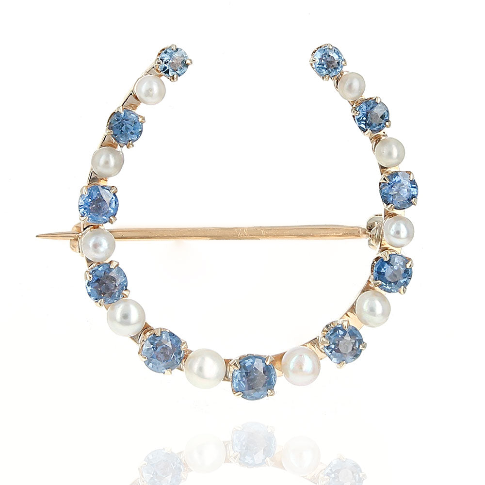 Alternating Blue Sapphire and Pearl Horseshoe Pin in Yellow Gold