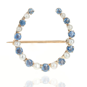 Alternating Blue Sapphire and Pearl Horseshoe Pin in Yellow Gold