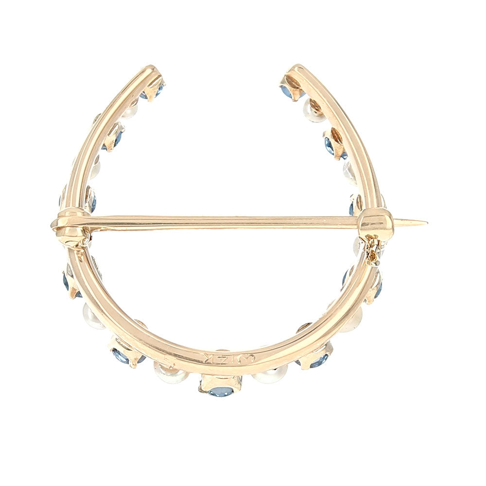 Alternating Blue Sapphire and Pearl Horseshoe Pin in Yellow Gold