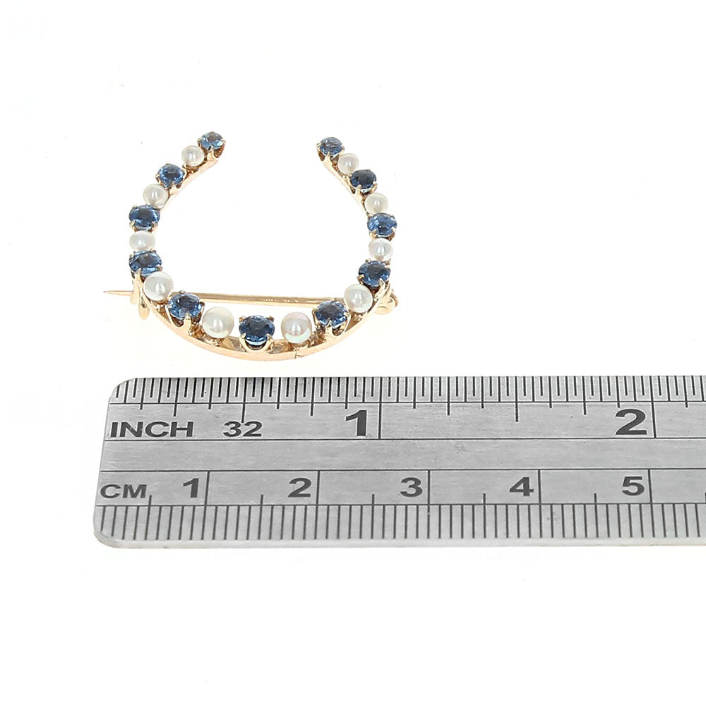 Alternating Blue Sapphire and Pearl Horseshoe Pin in Yellow Gold