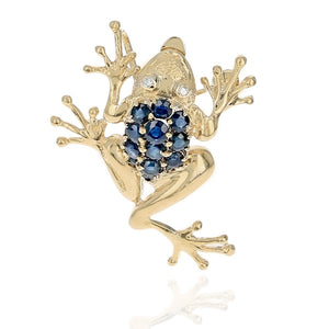 1970's Sapphire Frog Pin with Diamond Eyes in Yellow Gold