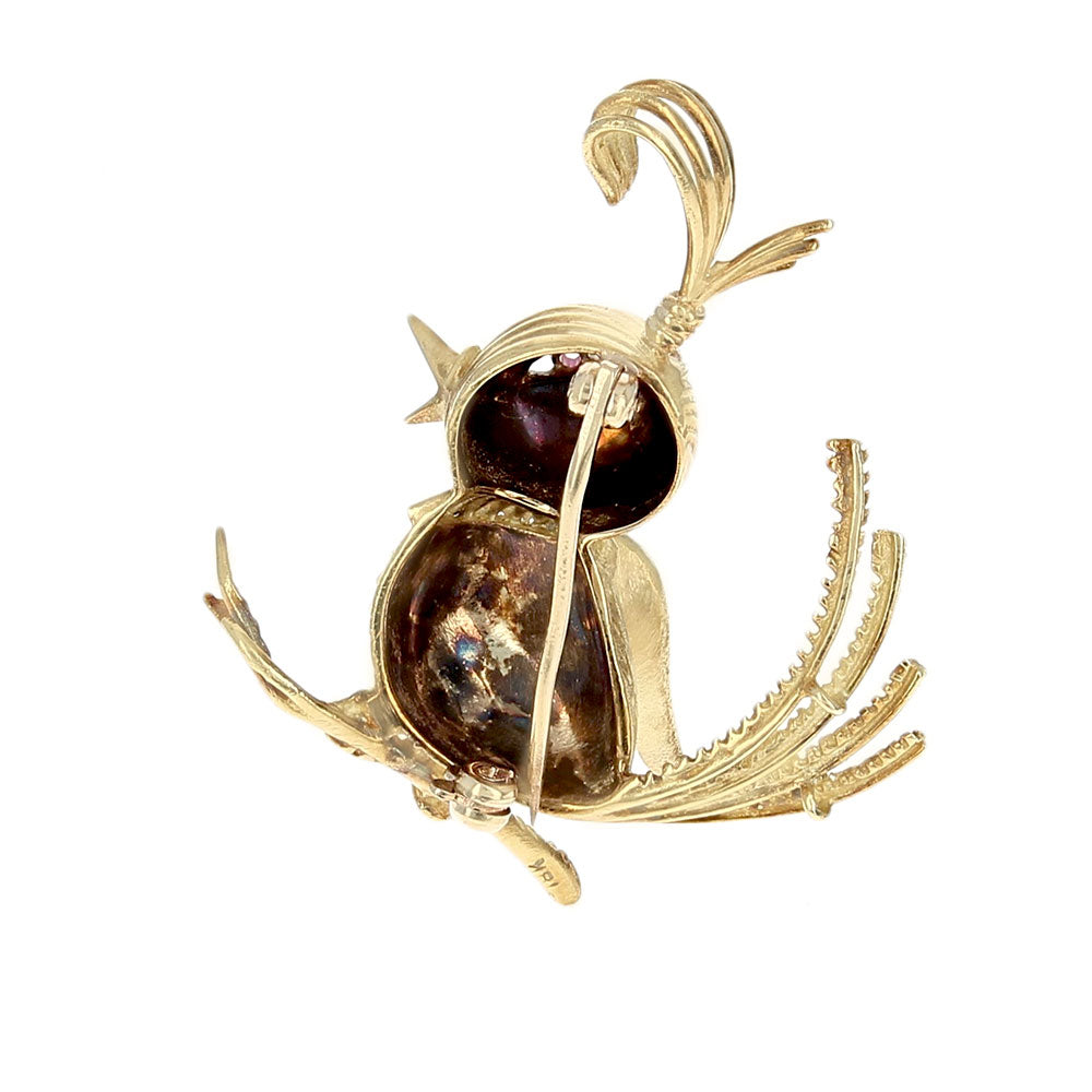 Etched Canary Bird Pin with Pink Sapphire Eye in Yellow Gold