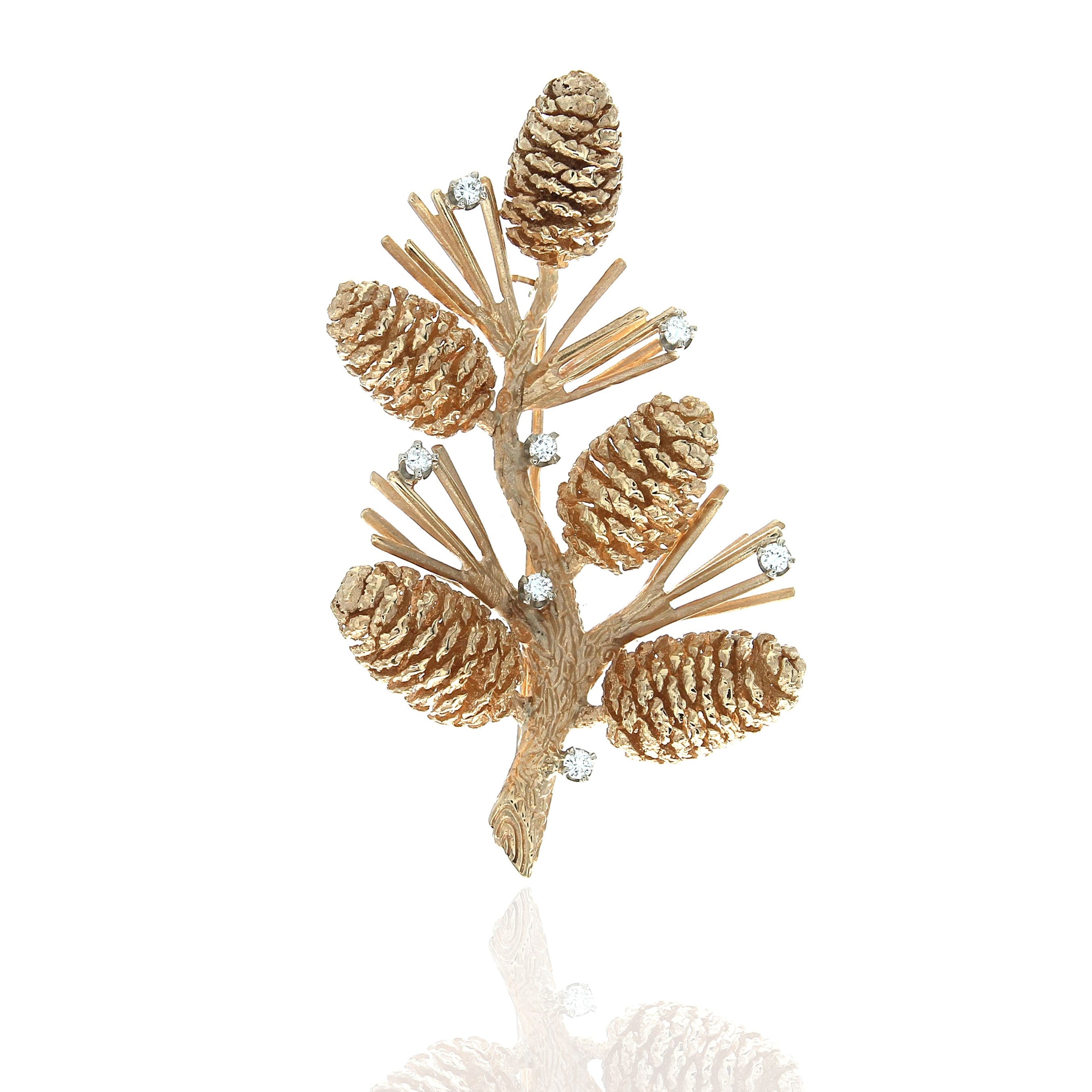 Diamond Pinecone Branch Pin in White and Yellow Gold