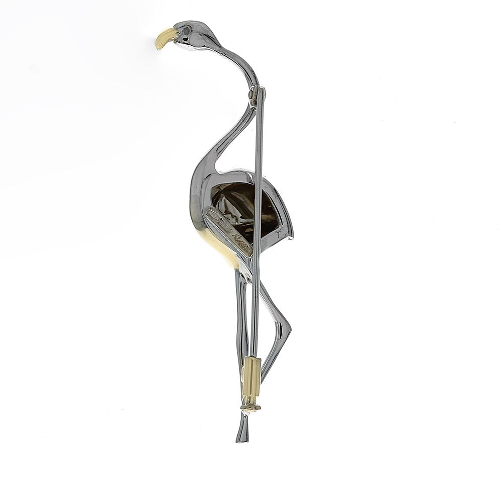 Diamond Flamingo Pin in White and Yellow Gold
