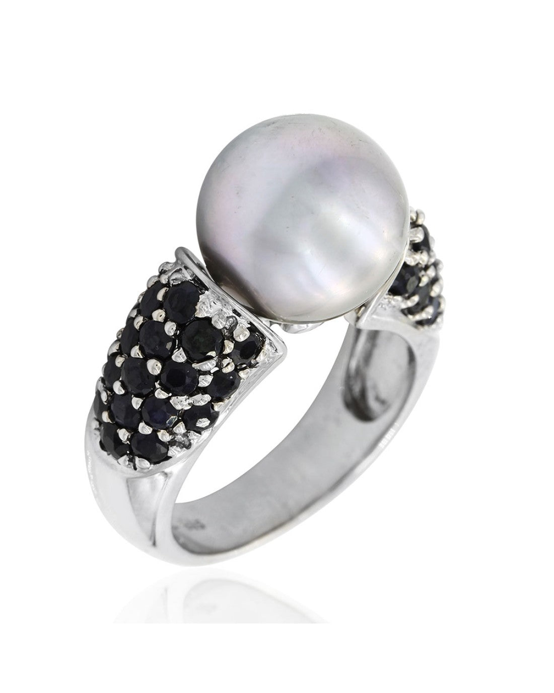 11.3mm Gray Pearl and 1.52ctw Pave Black Diamond Ring in 14K White Gold