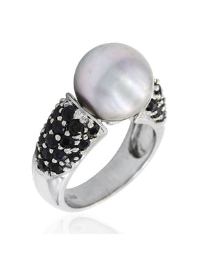 11.3mm Gray Pearl and 1.52ctw Pave Black Diamond Ring in 14K White Gold