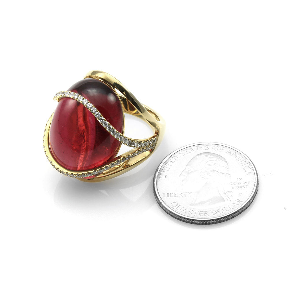 Rubellite Pink Tourmaline and Pave Diamond Ring in Gold