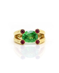 Tsavorite and Ruby Cabochon Ring in Gold