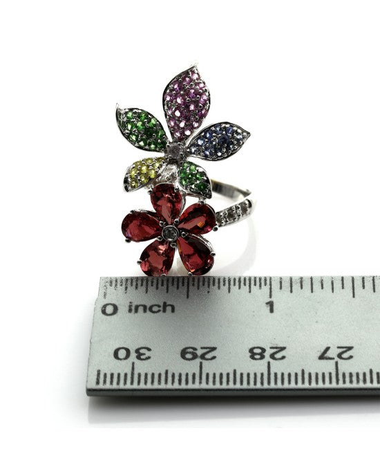 Multi-Color Multi-Gemstone & Diamond Flower Ring in 18K White Gold