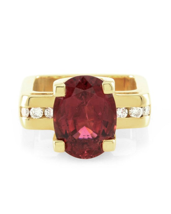 Rubellite Ring with Euro Shank & Diamonds in 18K Yellow Gold