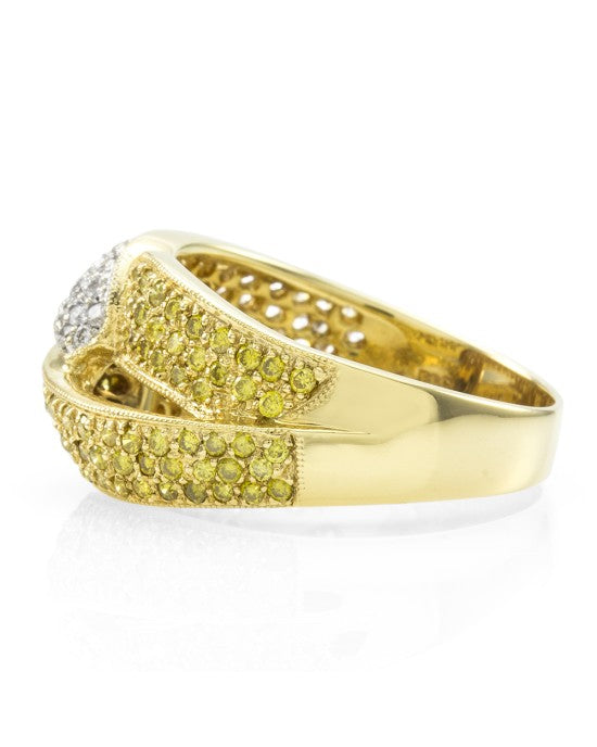 Pave Diamond Crossover Ring w/ White & Yellow Diamonds in 18K Yellow Gold