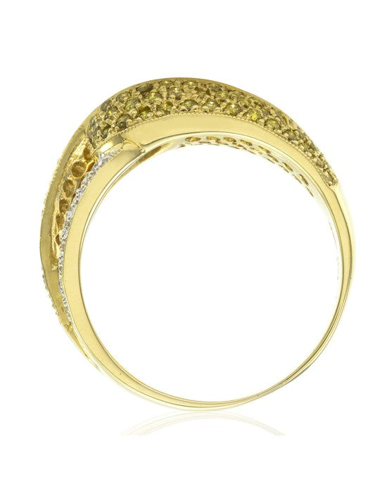 Pave Diamond Crossover Ring w/ White & Yellow Diamonds in 18K Yellow Gold